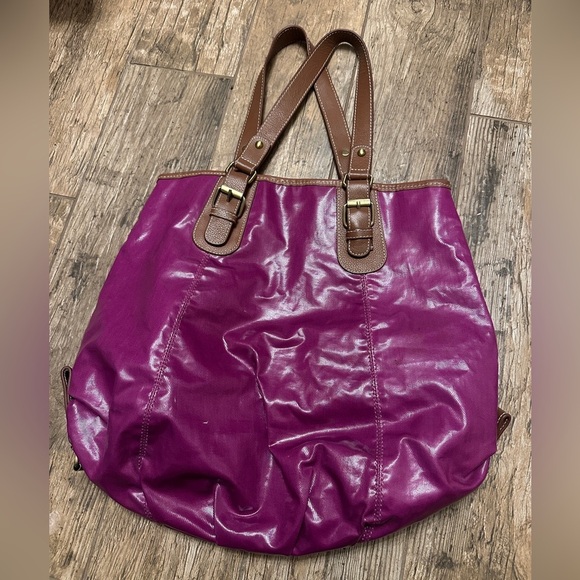 Boden Fushia pink Coated Canvas Shoulder Bag Purse large Tote Leather Trim - Picture 2 of 6